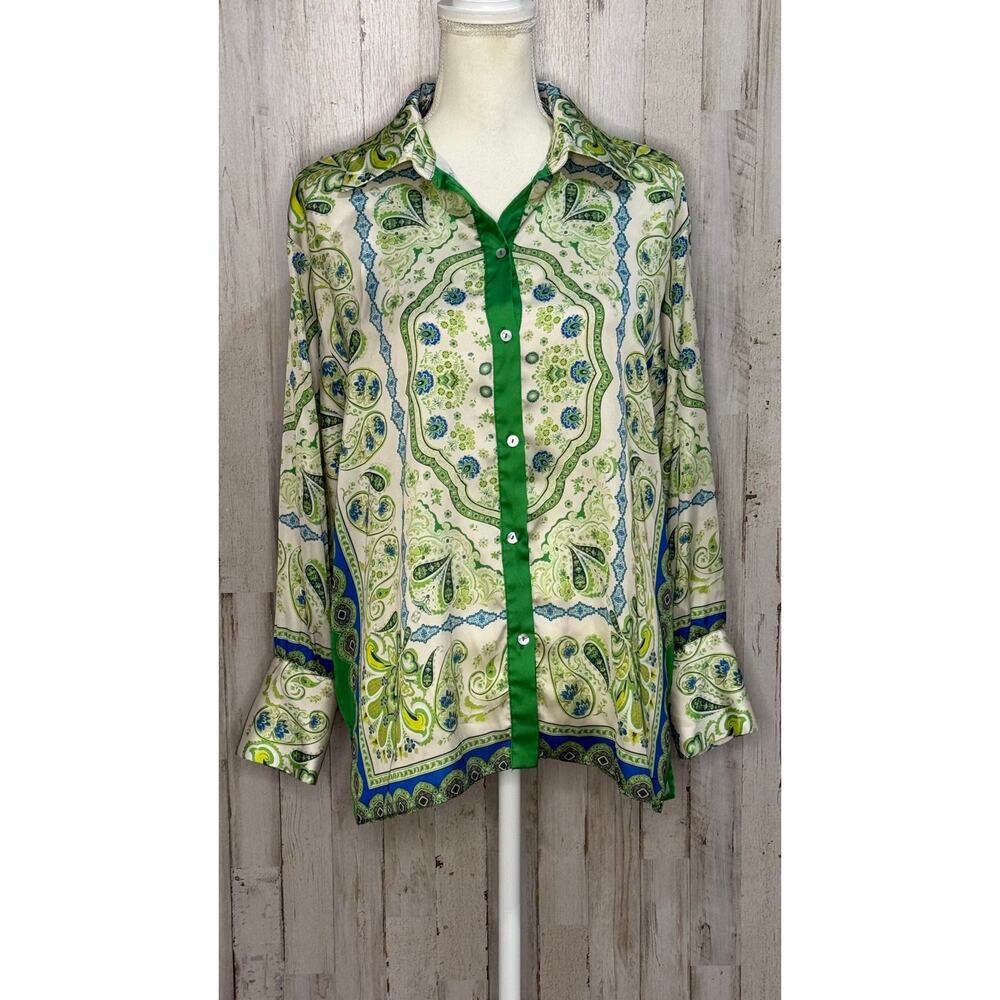 Zara Women's Paisley Print Button-Up Blouse Green Blue Size‎ Small - Picture 2 of 6
